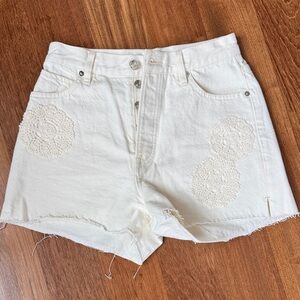 Frame Denim White Jean Shorts with Crochet Detail